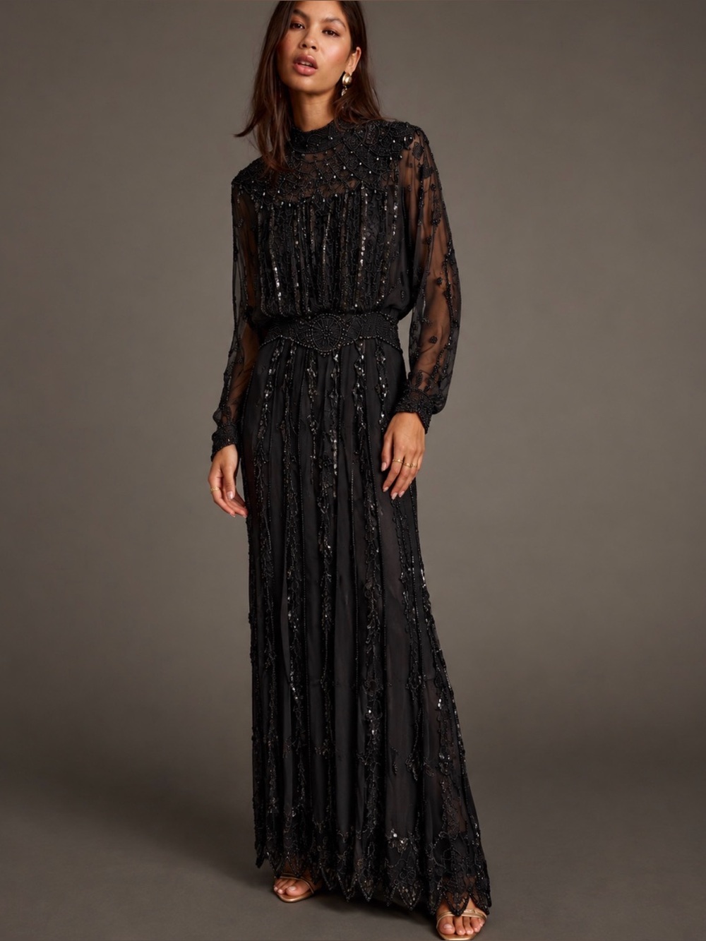 Custom Vintage Black Beaded Long Sleeve Evening Dress